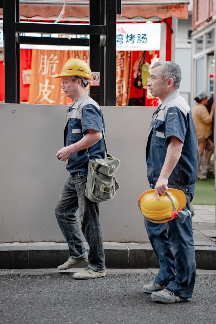 services-02 Two construction workers in urban setting wearing uniforms and holding hard hats.